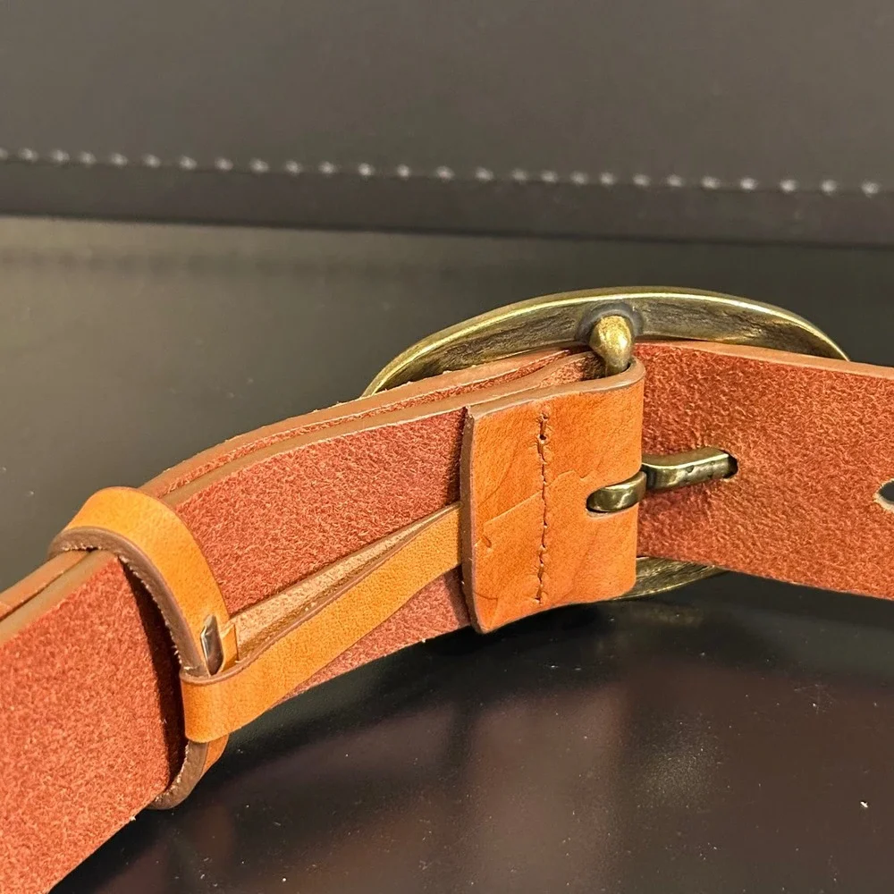 Coldwater Creek Mens Orange Genuine Leather Embossed Floral Belt Brass Buckle L